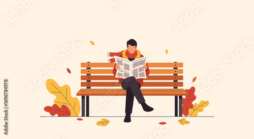 Leisure Time: A Person Reading News Sitting Comfortably on a Bench in Autumn