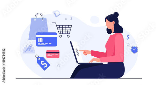 Online Shopping Experience Illustrated Featuring a Woman Browsing and Purchasing Goods Digitally
