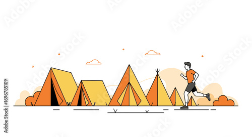 Outdoor Adventure Runner Near Camping Tents in Summertime for Exercise and Fun