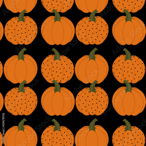 pattern con zucche arancio e a palline nere su sfondo nero, sfondo vettoriale autunnale