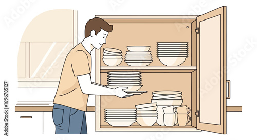 Organizing Kitchenware A Man Stacking Dishes Into A Kitchenette Cabinet Skillfully