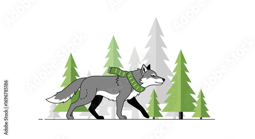 Lone Wolf Strolling Through The Forest With Green Scarf Stylish Winter Design
