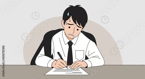 Overwhelmed Employee Under Pressure, Writing Document Facing Deadlines, Time Management