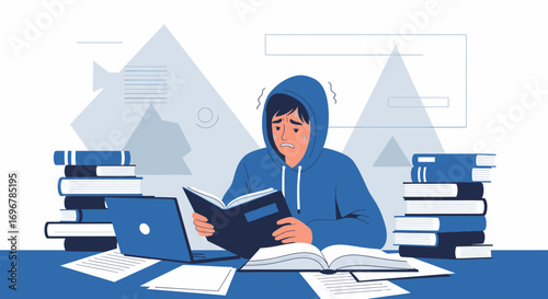 Overwhelmed Student Studying Hard Amidst Books, Laptop, And Work Papers In A Blue-Toned Illustration