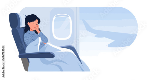 Passenger Sleeping Comfortably on Airplane During a Flight with a Cozy Blanket, Travel Theme