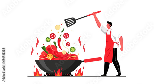 Passionate Chef In Action: Stir-Frying A Colorful Culinary Masterpiece With Joy And Precision