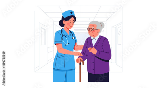 Nurse Assisting Elderly Patient: A caring nurse helps a senior patient with a cane, symbolizing healthcare, compassion, and support within a bright healthcare facility.
