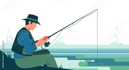 Peaceful Angler Enjoying Tranquility While Casting A Line During A Sunny Day