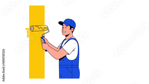 Foto Painter at Work: A skilled painter meticulously applies a vibrant layer of yellow paint to a clean wall using a roller, showcasing precision and craftsmanship