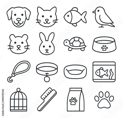 Set of minimalist pet icons featuring animals and accessories