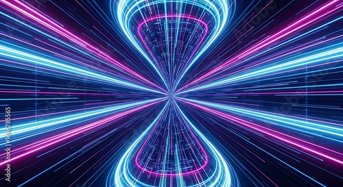 Symmetrical tunnel of glowing blue and pink light streaks creating an hourglass effect