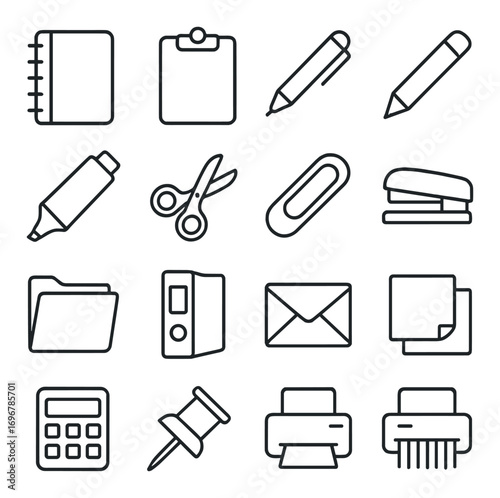 Collection of office supply icons including notepad, pen, scissors, folder, mail, and calculator