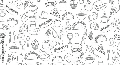 Seamless hand-drawn food pattern background. Black and white outline doodle art featuring various meals, drinks, and ingredients.