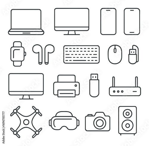 Black outlined electronic devices on gray background: laptop, smartphone, vr headset, drone, speaker