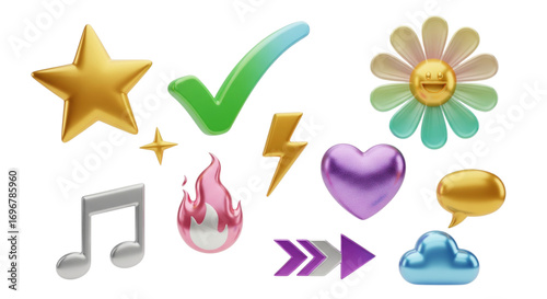 Shiny Metallic 3D Rendered Icons Collection Gold Star Checkmark Flower Heart Cloud Music Note Lightning Flames Speech Bubble Arrows