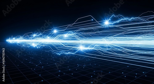 Abstract blue light trails moving at high speed, representing data transfer and technology