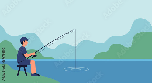 Peaceful Fishing: A Serene Angling Scene by the Lake for a Tranquil Afternoon
