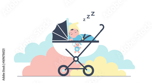 Peaceful Infant Napping Securely in Stroller Amidst Pastel-Colored Clouds