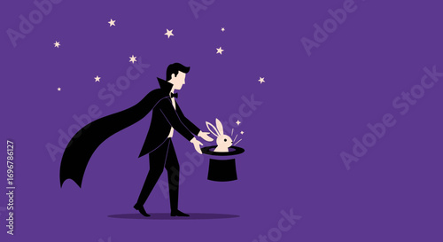 Magician Performing Magic Trick With Rabbit Emerging From Hat Surrounded By Stars