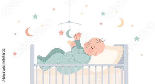Peaceful Infant Resting in Crib Under the Mobile of Stars and Moon with a Calm Disposition