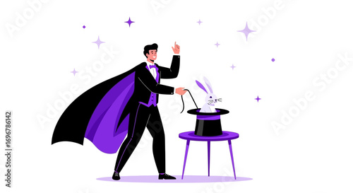 Magician Performs A Classic Illusion With A Rabbit Emerging From A Top Hat On Stage
