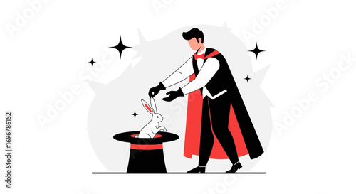 Magician Performing Magical Trick with Rabbit Emerging from Hat in a Stylish Illustration