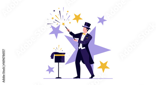 Magician Performing, Magical Show with Wand, Stars, and Top Hat with a Box.