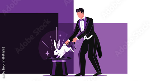 Magician Performs Illusion, White Rabbit Emerges From Black Hat, Magic Show Illustration