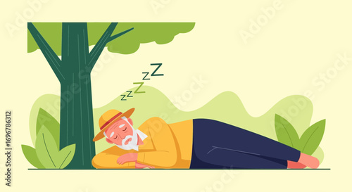 Peaceful Nap Under Shade of A Tree Depicting Old Man Resting and Relaxing