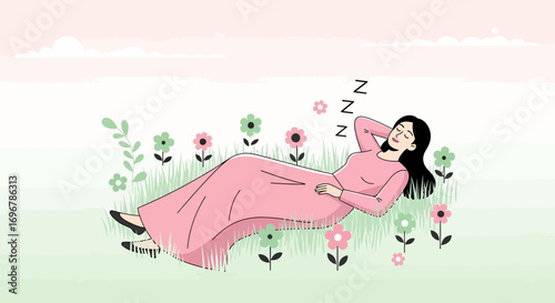 Peaceful Nap In Meadow: A Woman Enjoys Serene Rest Amidst Blooming Flowers