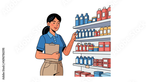 Stock Taking: A retail professional meticulously organizes a selection of consumer goods, exemplifying efficiency in retail operations and promoting an image of quality.