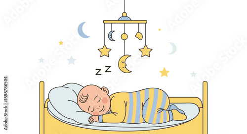 Peaceful Slumber: An Adorable Infant's Dream-Filled Night Under Celestial Mobiles