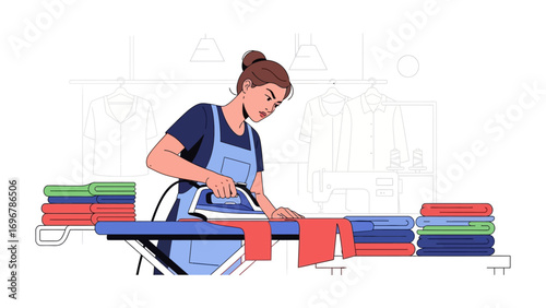 Ironing Out the Wrinkles: An elegant illustration captures a woman meticulously ironing clothes. The scene emphasizes the neatness and order associated with the task.