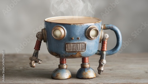 Coffee mug shaped like a retro robot with steam rising from its eyes and mouth, filled with hot tea or espresso, sitting on a table for whimsical beverage photography