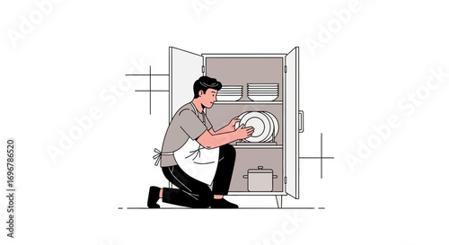 Man Arranging Clean Dishes In A Kitchen Cabinet, Domestic Chores, Home Interior