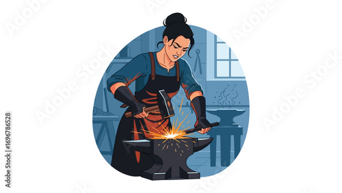 The Blacksmith at Work: This image showcases a strong blacksmith meticulously shaping molten metal with precision using a hammer and anvil, showcasing skill and dedication in this historic craft.