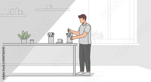 Man Arranging Cutlery Near Morning Sunlight In Home Kitchen, Preparing Table For Meal