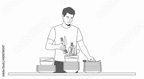 Man Arranging Cutlery and Dishes, Simple Monochrome Illustration, Domestic Task, Ready To Eat