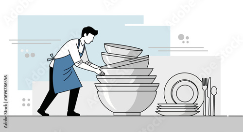 Man Arranging Dishware: Minimalist Illustration Depicting Everyday Task Of Dishwashing