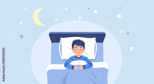 Peaceful Slumber: Young Boy Dreaming Amongst Celestial Stars and Moonlight in Bed