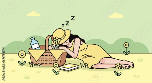 Peaceful Summer Picnic Nap Under Sunny Skies with Basket of Delights Illustration