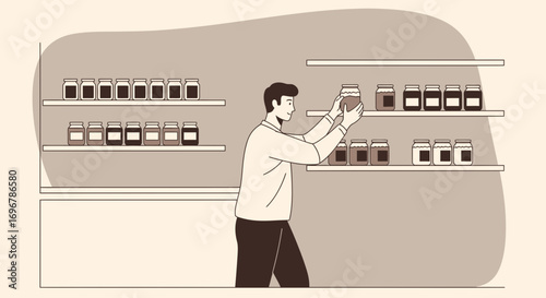 Man Arranging Jars On Shelves in a Minimalist Style Depicting Storage and Organization