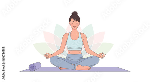 Peaceful Young Woman Meditating in Lotus Position on Yoga Mat for Wellness and Harmony