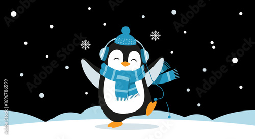 Penguin Enjoying Music in a Winter Wonderland Illustration During Snowfall
