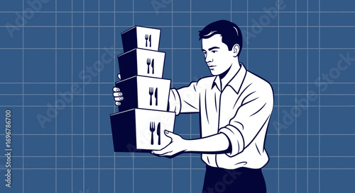 Man Carring Take Out Food Boxes With Utensils Icons On A Blue Grid Background