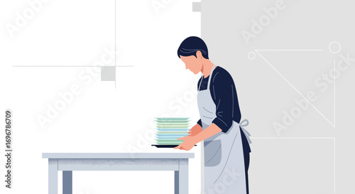 Person Arranging Clean Plates on Table, Depicting Culinary Preparation and Domestic Duties
