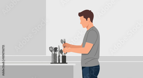 Person Arranging Cutlery at Kitchen Counter, Preparing Tableware for Dining, and Preparing Utensils