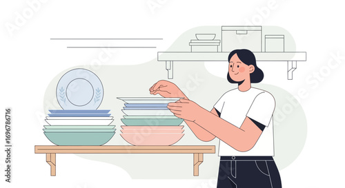 Person Arranging Clean Dishes on Shelf after Kitchen Work Preparing and Organizing.