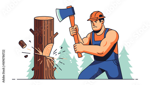 Woodcutter's Skill: A skilled woodcutter wields an axe, skillfully felling a towering tree in this captivating illustration