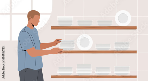 Person Arranging Plates on Shelves in Modern Kitchen Dishware Organization Concept